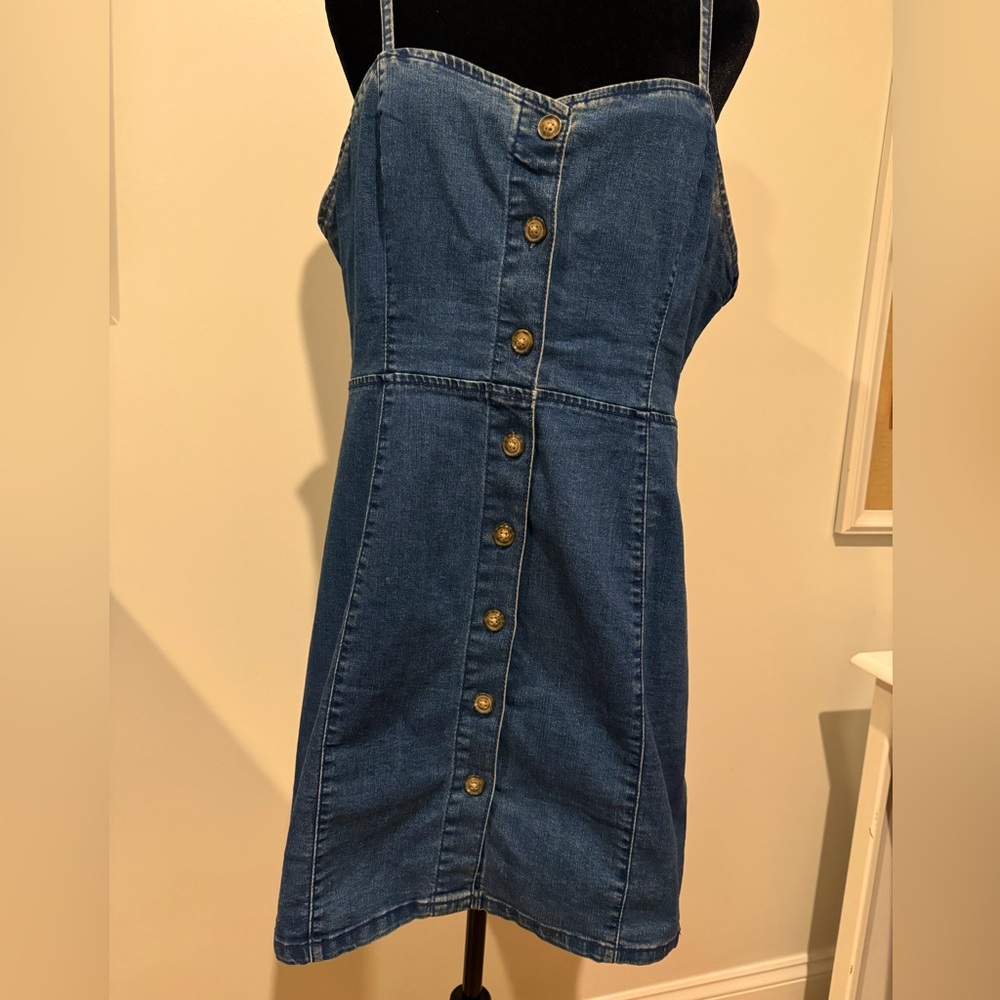 Denim & Co. Spaghetti Strap Denim Dress, Knee Length, Brown Button Front